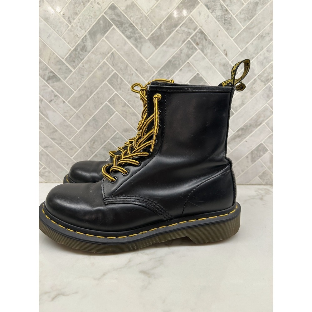 Dr Doc Martens 1460 Boots Womens 7 Black Smooth Leather Combat Lace Up Yellow
